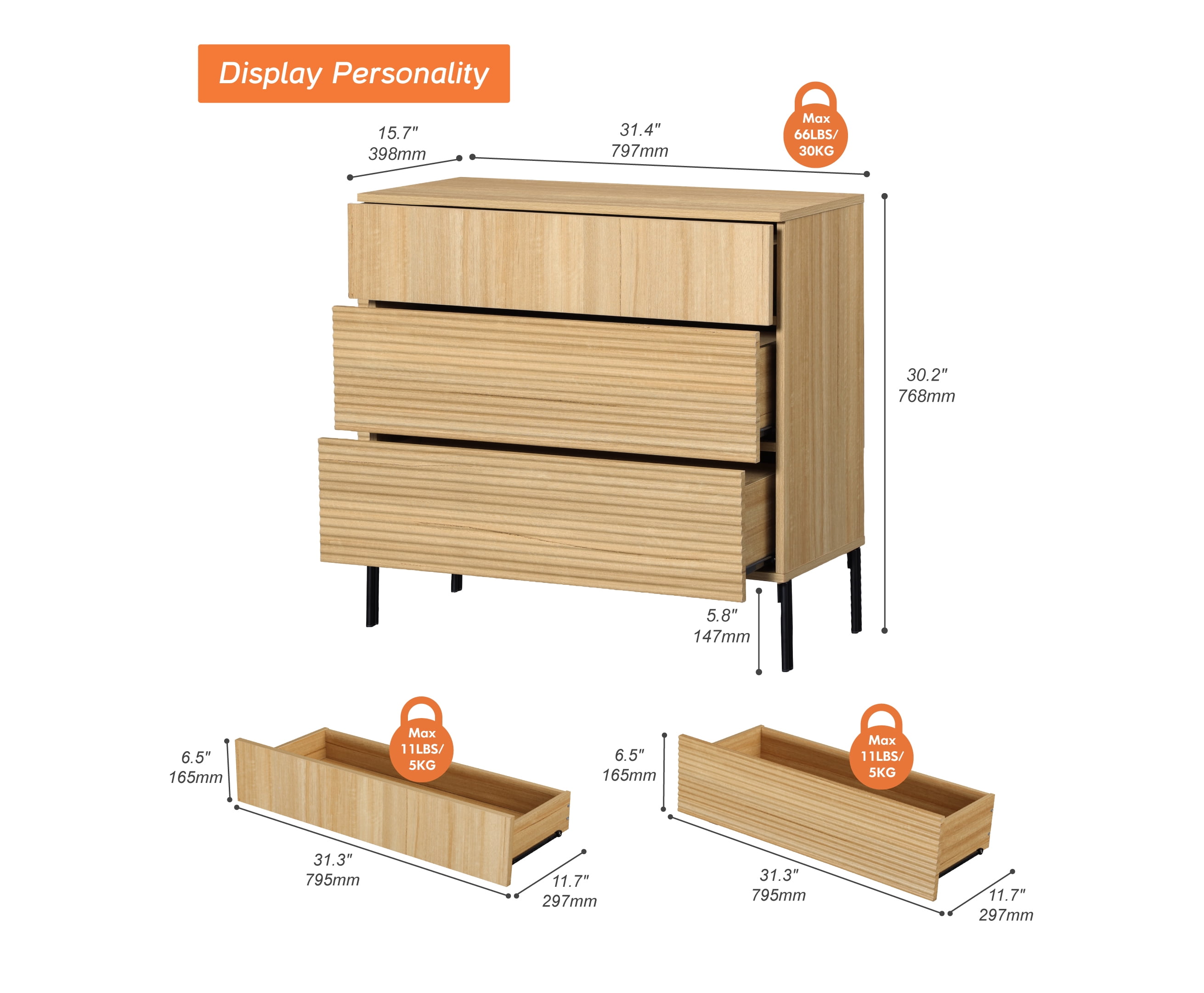 31.5" Wood Accent Chest with Drawers, Modern Credenza Storage Cabinet with Reeded Design for Living Room, Kitchen, Dining Room, Hallway