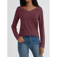 thumbnail image 2 of V Neck T Shirts for Women Lace Long Sleeve Tops Loose Fit Dressy Casual Blouses Fall Winter Basic Trendy Wine Red XL, 2 of 6