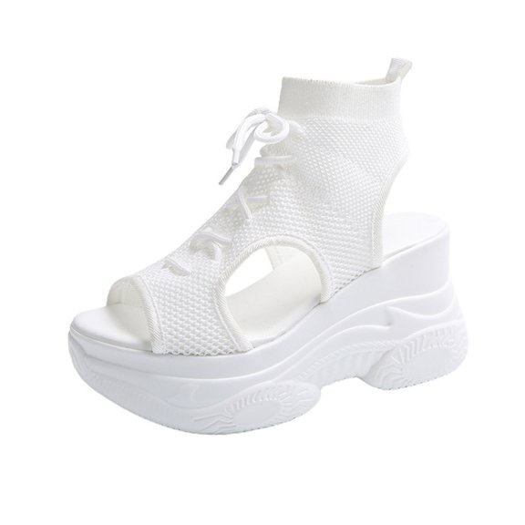 Women's Hollow Out Platform Wedge Sandals Non-Slip Breathable Lace-Up Fish Mouth Sneakers Casual Summer Hollow_Out Open Toe Sport Shoes White Women Sandal
