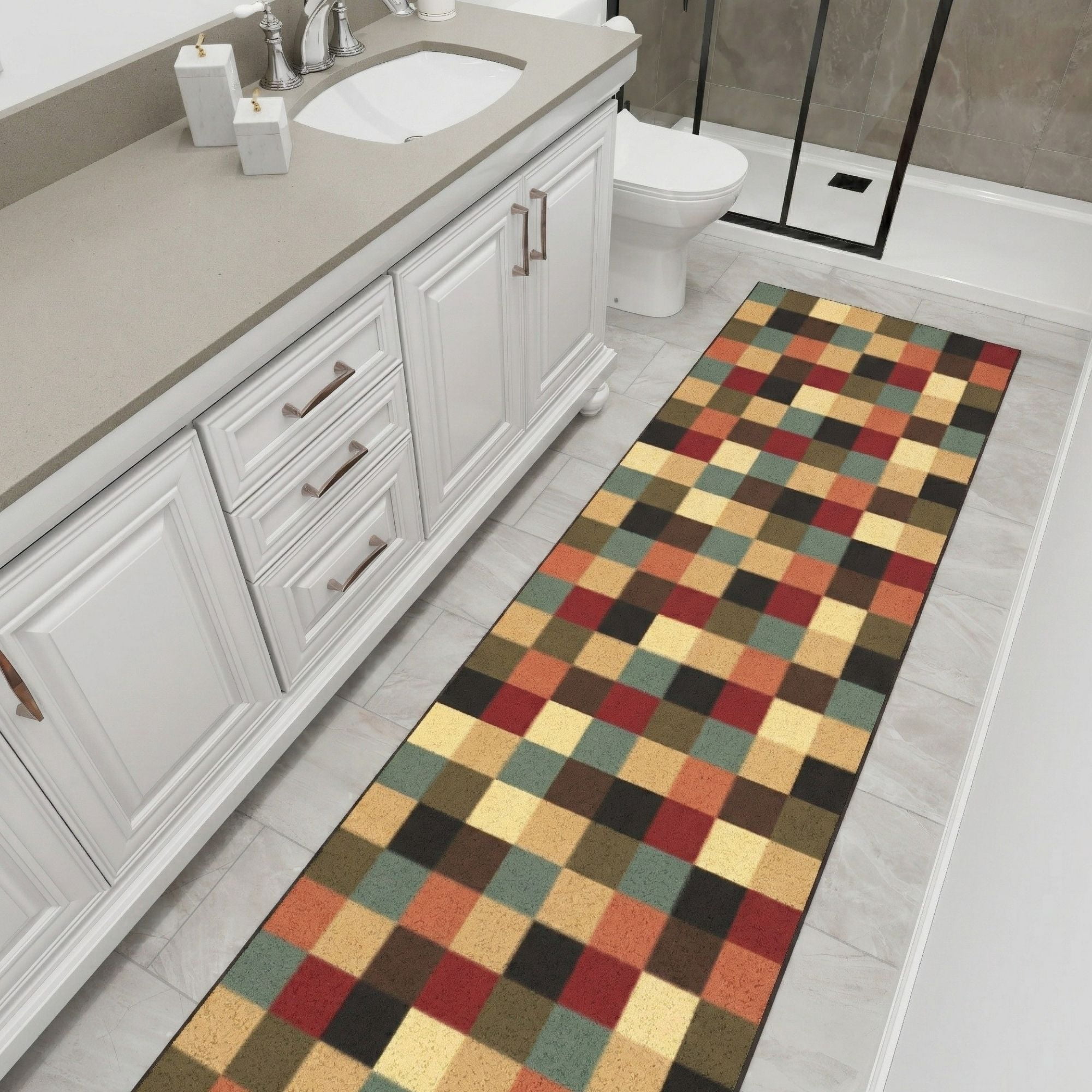 Ottomanson Extra Long Runner Rug 2'7" x 15' – Non-Slip Low Pile Hallway Carpet, Checkered Multicolor