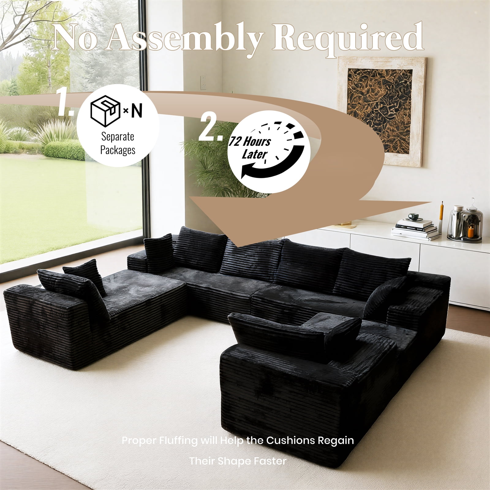 Kelyda 139'' U Shaped Sectional Couches, Modern Modular Boneless 8 Seater Large Foam Cloud Sofa Black