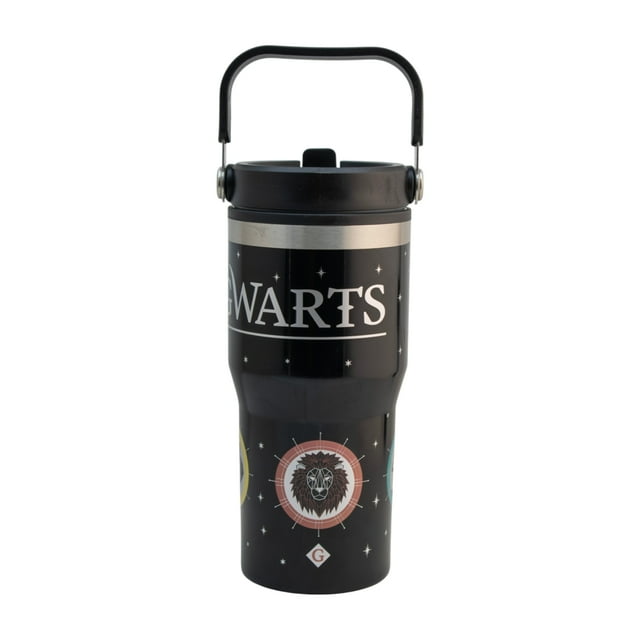 Termo Doble Pared Con Asa Superior Personajes Animados, Diseño Harry Potter “Hogwarts” 4 Casas, Termo con Popote Plegable e Interior de Plástico, Capacidad 650ml, Negro