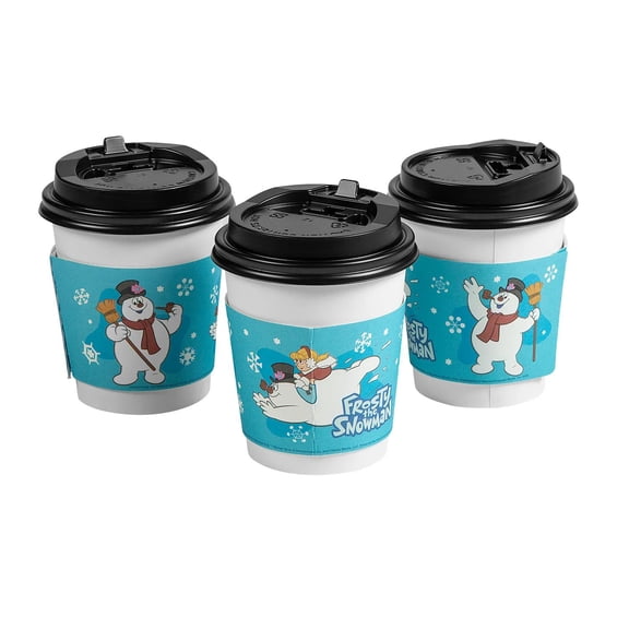 8 oz. Small Frosty the Snowman Disposable Paper Coffee Cups with Lids & Sleeves - 12 Ct.