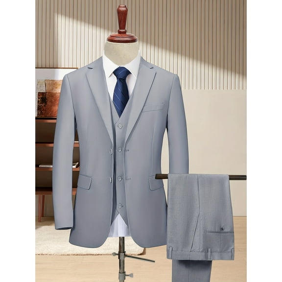 [Two Button Lapel] Men's 3pcs Business Suit | Solid Color | Two Button Lapel Jacket Vest Trouser Set | Wedding Business Tuxedo