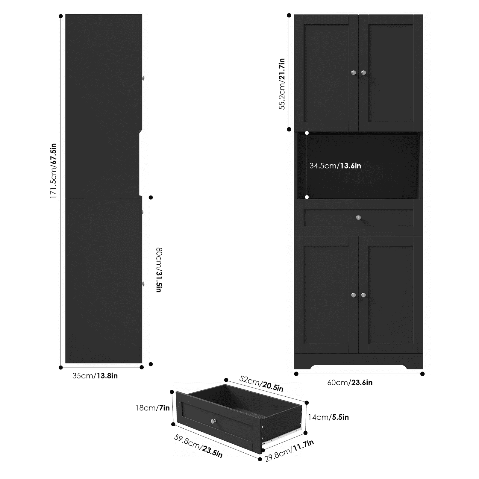 Homfa 67.5" Tall Farmhouse Bathroom Storage Cabiet with Drawer, 4 Door Modern Freestanding Storage Cabinet Cupboard, Black
