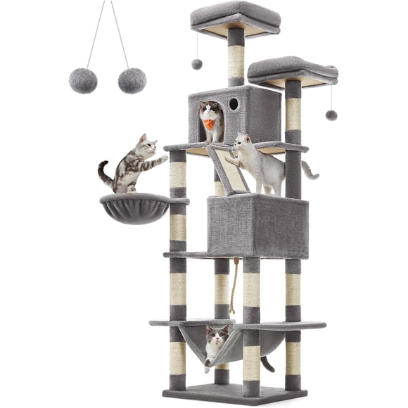 FEANDREA Árbol para Gatos de 206 cm de Altura, Torre de Gatos con 13 Poste, 2 Cuevas, 2 Plataformas, Cesta, Pompón, Hamaca, Gris Claro PCT190W01