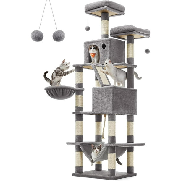 FEANDREA Árbol para Gatos de 206 cm de Altura, Torre de Gatos con 13 Poste, 2 Cuevas, 2 Plataformas, Cesta, Pompón, Hamaca, Gris Claro PCT190W01