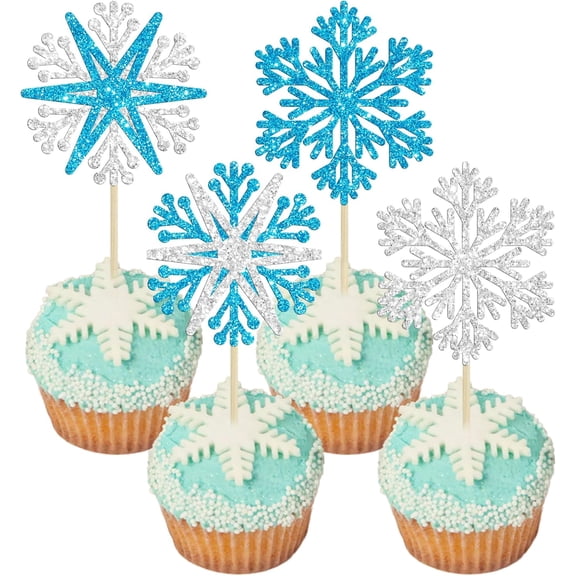 12Pcs Glitter Snowflake Cupcake Toppers, Blue Silver 2-Color Winter Theme Picks for Frozen Birthday Party Cake Decorations