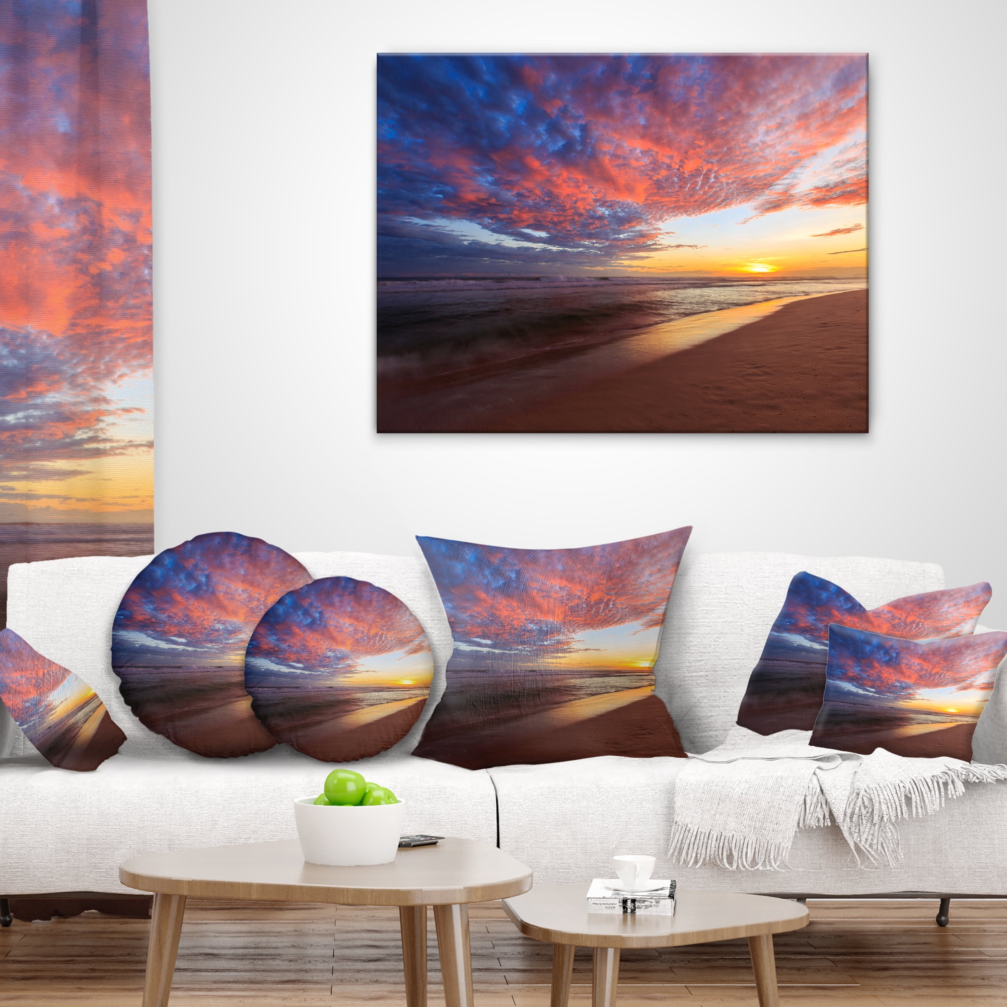 Designart Colored Clouds in Beach at Sunset - Seashore Throw Pillow - 12x20