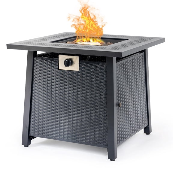 Chicdaze Propane Fire Pit Table,Out Door Fire Pits & Fireplaces,Gas Fire Pit with Lid and Lava Rock.Square Black Fire Pit Table on Patio Deck & Garden Backyard. (Black, 28-inch)