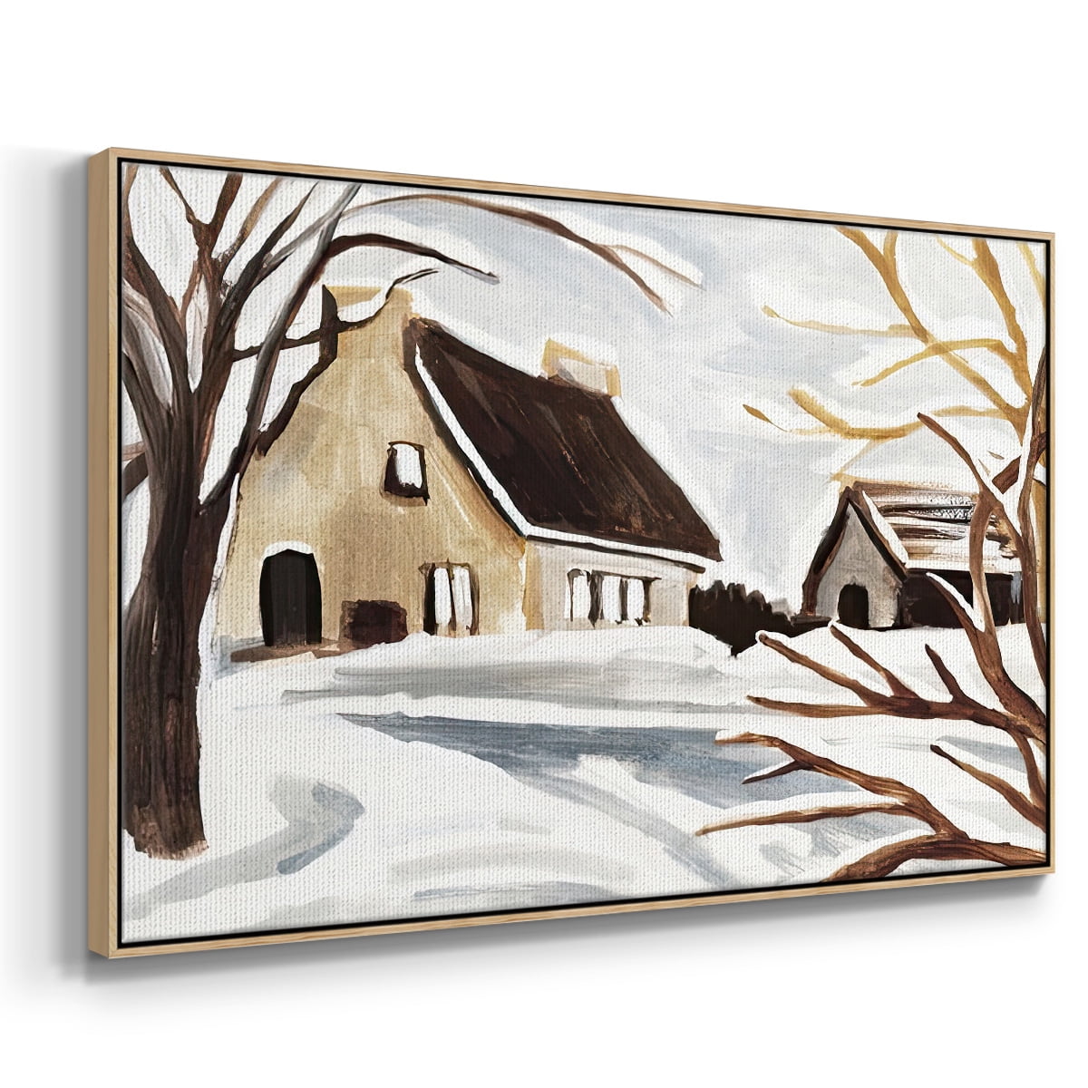 Winter Cottage II - Framed Gallery Wrapped Holiday Canvas - 17 x 25 - Natural Wood Frame