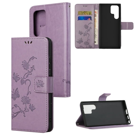 Wallet Case for Samsung Galaxy S23 Ultra, Embossed Butterfly & Flower Premium PU Leather [Folio Flip][Kickstand][Card Slots][Wrist Strap][Kickstand]Phone Cover for Samsung Galaxy S23 Ultra,Lightpurple