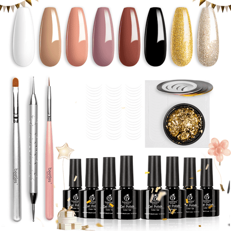 Beetles Gel Nail Polish 8 Colors Black White Nail Polish, Crystal Caramel Glitter Gel Nail, Soak off UV Nude Gel Polish with Nail Art Brushes Nail Painting Pen DIY Home Manicure Kit