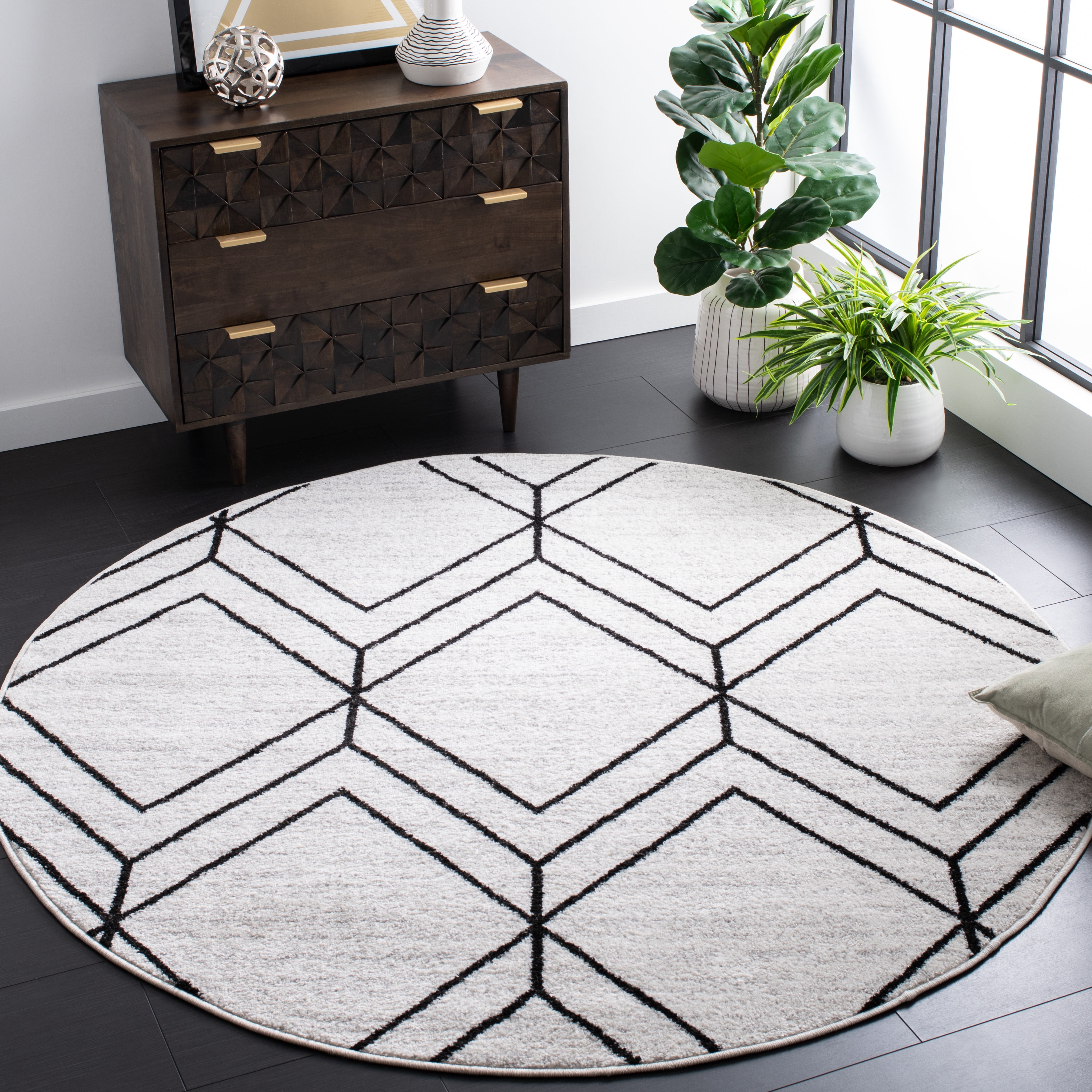 SAFAVIEH Adirondack Caitriona Geometric Squares Area Rug, Light Grey/Black, 6' x 6' Round