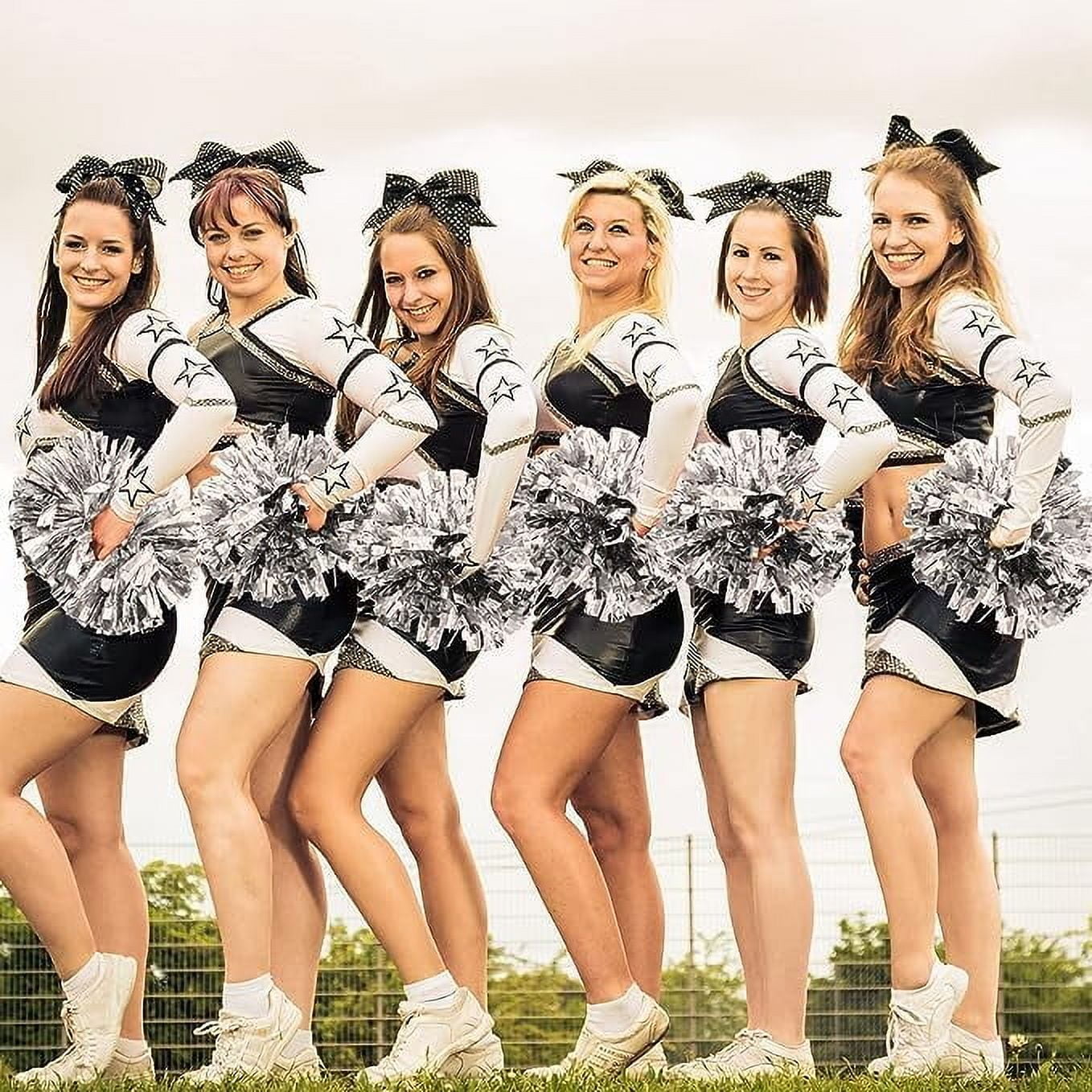 Metallic Cheerleading Pom Poms, 6Pcs Cheerleaders Cheer Pom Poms with Baton Handle, Cheering Squad Hand Flower