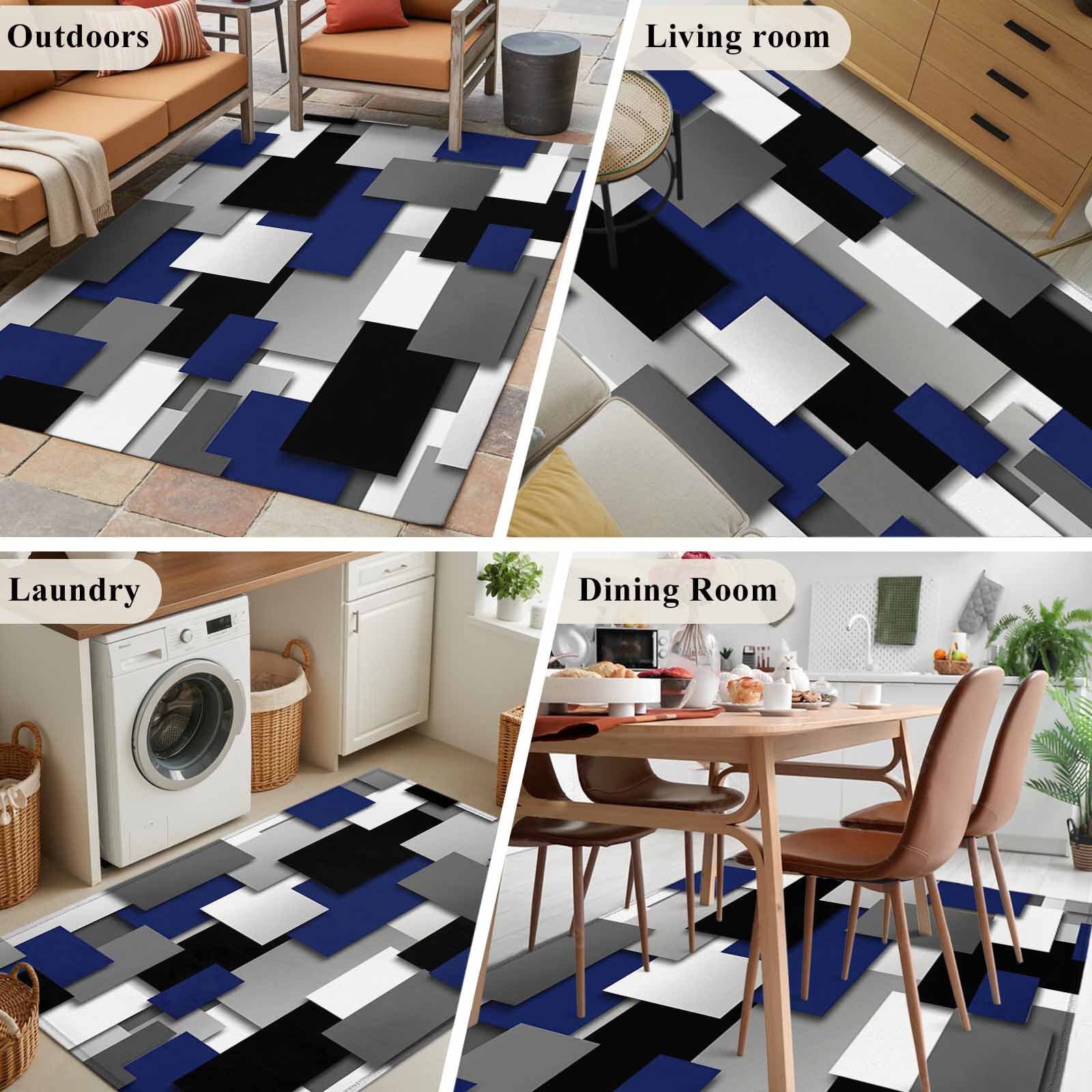 Navy Blue Black Geometric Kitchen Runner Rug 2.7x5 Washable Runners for Hallway Non Slip Modern Abstract Art Block Large Area Rug Indoor Floor Carpet for Bathroom Laundry Entryway Bedroom Living Room