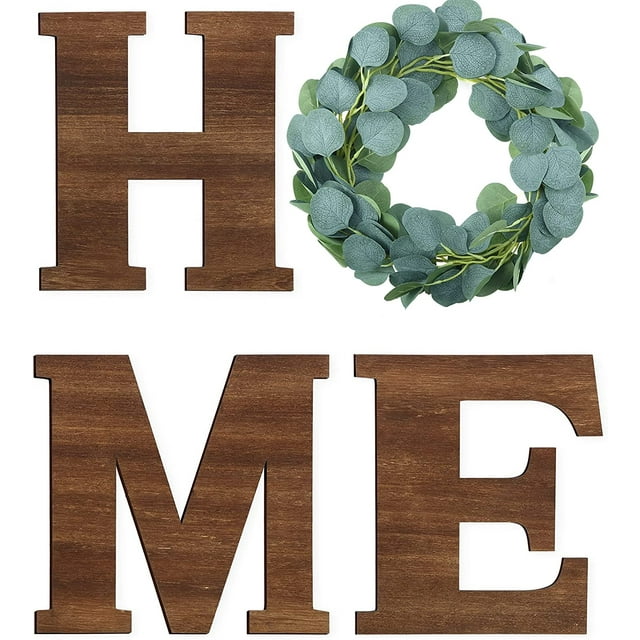 Wooden Home Sign Decorative Wooden Letters with Wreath Rustic Wall Hanging Wooden Home Sign Wall Decor Signs with Artificial Eucalyptus for Home Decor Living Room House, 9.8 x 8.5 Inch (Brown)