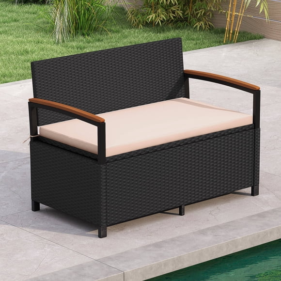 Costway Banc de Rangement Extérieur avec Dossier Coussiné et Accoudoirs en Bois d'Acacia Rangement Dissimulé Noir + Beige