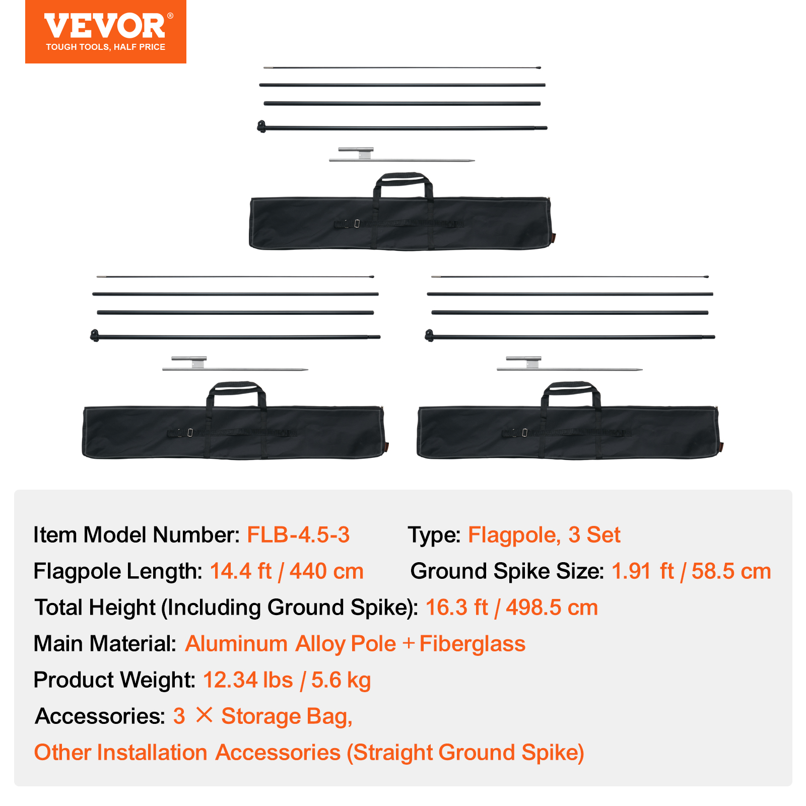 VEVOR Feather Flag Pole Kit, 3 Packs Swooper Flag Pole 16.3 ft, Sign Flag Poles for Business Advertising Flags Outdoor, with Ground Stakes and A Carrying Bag (Flag Not Included)