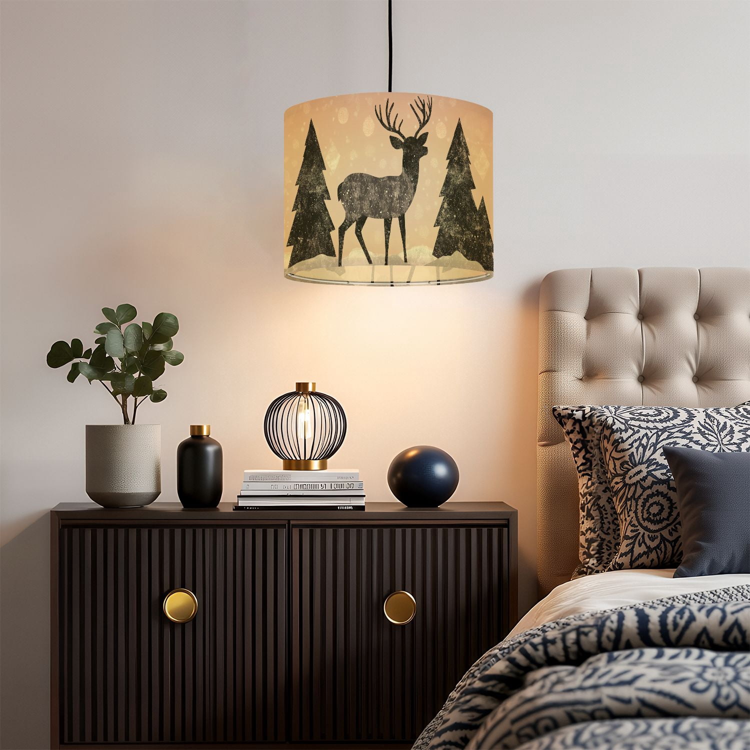Linen Drum Lampshades Deer Abstract Wild Deer Surrounded By Trees Forest Modern Antlers Pine 13"x13"x10" Light Shade for Table Lamps Floor Lamp Shades Lampshade Replacement Assembly Required