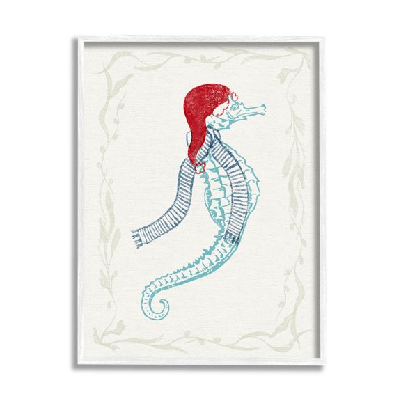 Coastal Christmas Seahorse Santa Holiday Graphic Art White Framed Art Print Wall Art