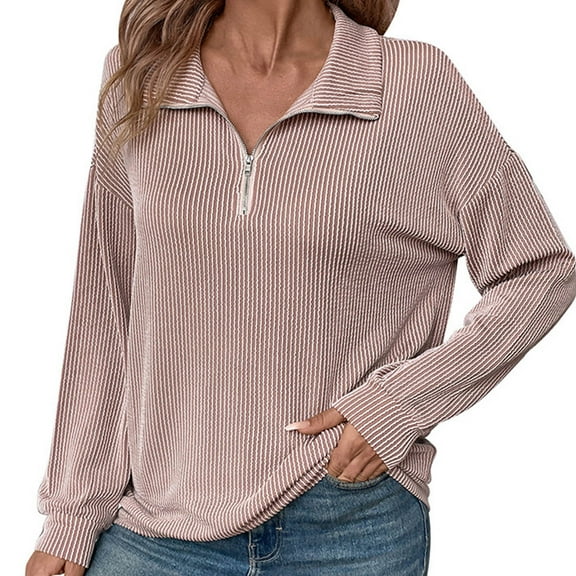 Gnshining Striped Sweatshirts for Women Half Zip Long Sleeve Collared Tunic Pullovers Fall Fashion Loose Tops