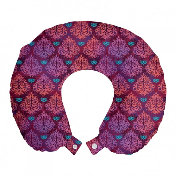 Grunge Travel Pillow Neck Rest, Abstract Nature Inspired Lilac Pattern Vintage Floral Design Symmetrical, Memory Foam Traveling Accessory Airplane and Car, 12", Multicolor, by Ambesonne