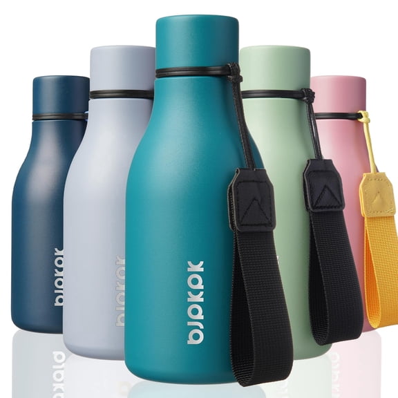 BJPKPK Insulated Water Bottles, 12oz Stainless Steel Metal Water Bottle with Strap, BPA Free Leak Proof Thermos, Mugs, Flasks, Reusable Water Bottle for Sports & Travel, Lake Blue