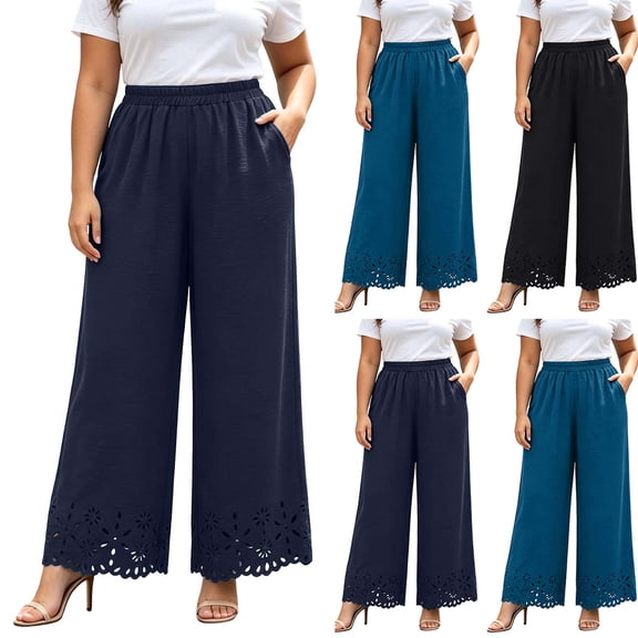 Pants for Women Plus Size Wide Leg Loose Fit Lightweight Elastic Waisted Pants with Pockets XL-5XL