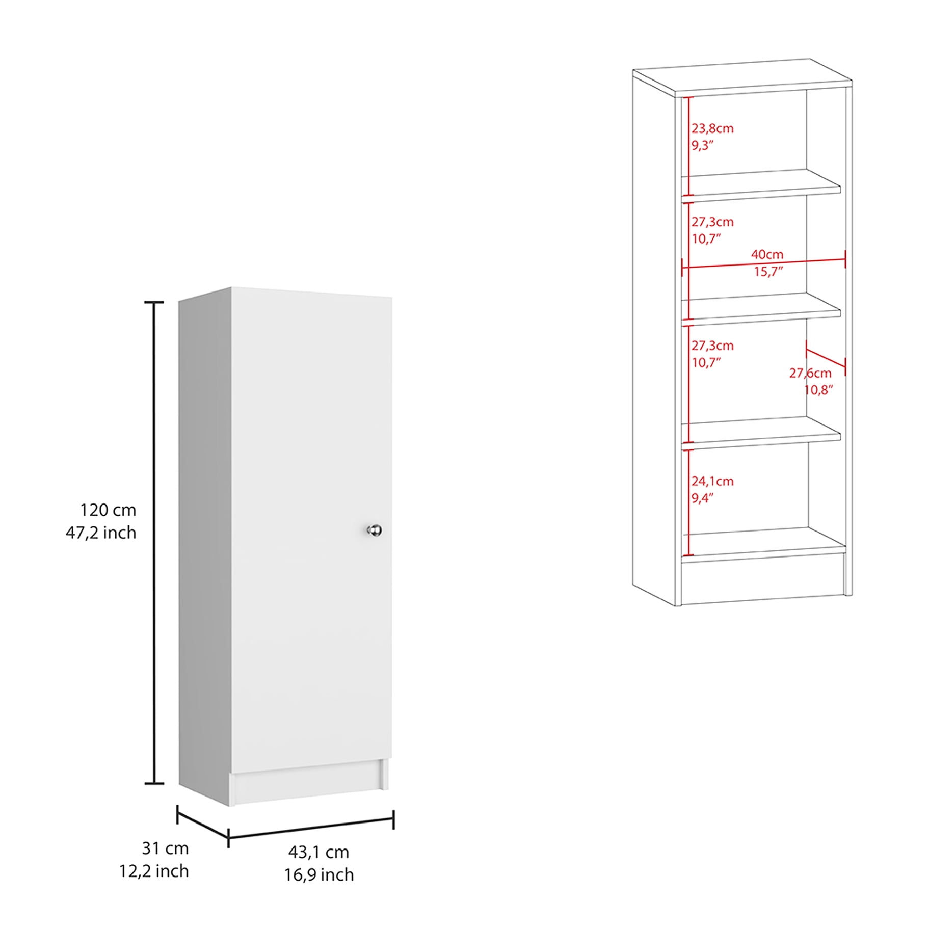 White Kitchen Pantry, 48.15" Height, One Door Cabinet With Four Interior Shelves, 10.7" High, Space Efficient For Utility Room, Garage, Or Bedroom, Easy To Assemble In Minutes 47" H Pantry Cabinet,
