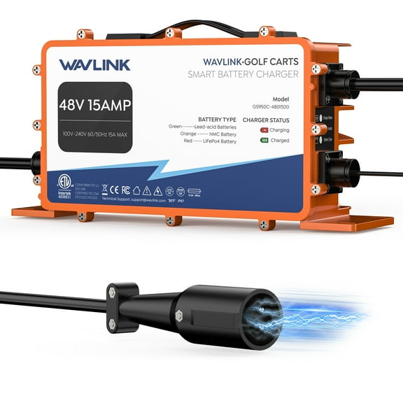 WAVLINK 48V Golf Cart Smart Battery Charger - Compatible with LiFePo4, NMC, Lead-Acid - 15A Fast Charging, IP67 Waterproof, Auto-Adjusting for EZGO RXV/TXT & Club Car DS/Precedent