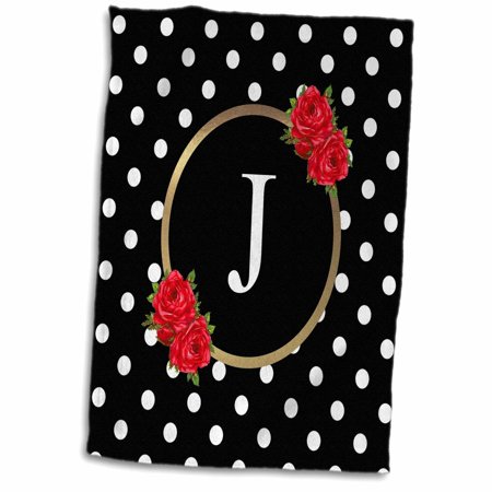3dRose Red Rose Letter J Monogram black and white polka dots with flowers - Towel  15 by 22-inch (twl_317376_1)