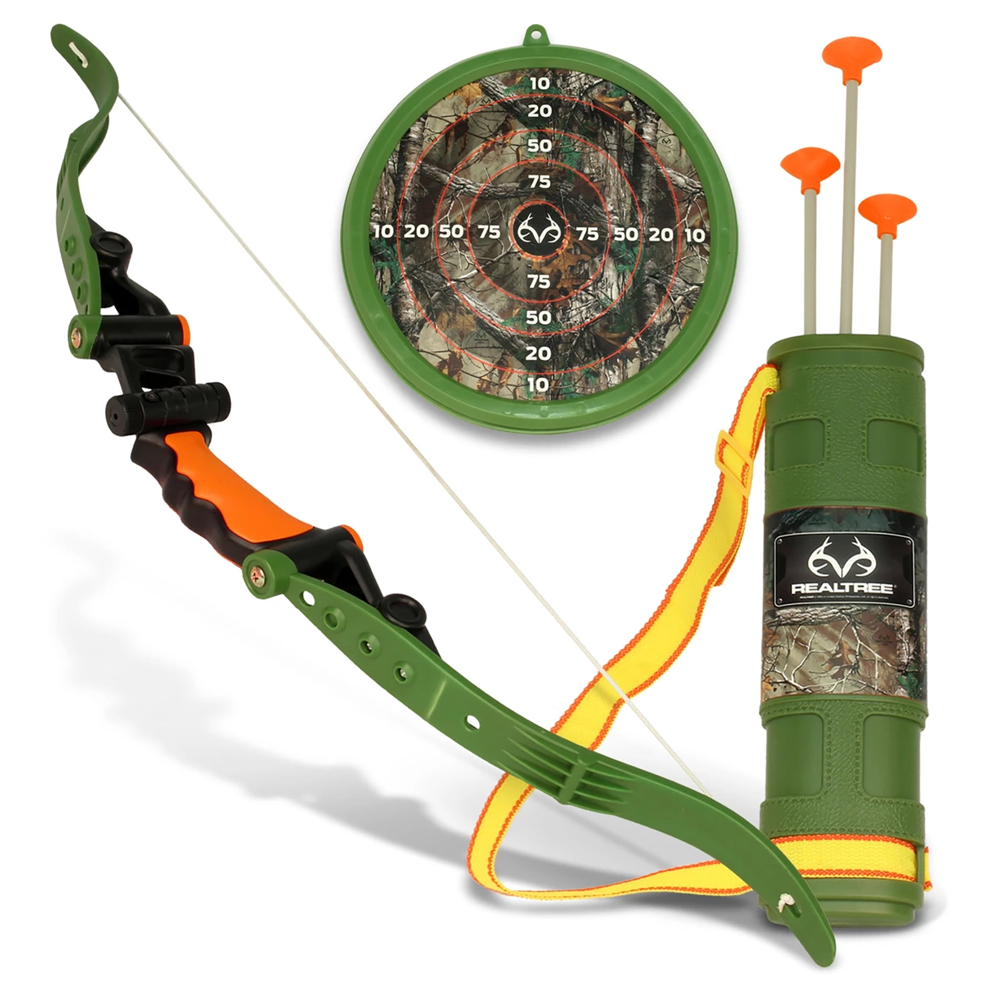 Realtree: Archery Set 25" Bow & Adjustable Quiver - Green/Orange NKOK, LED Scope, 3 Suction Tip Arrows & Target, Ages 8+ Each
