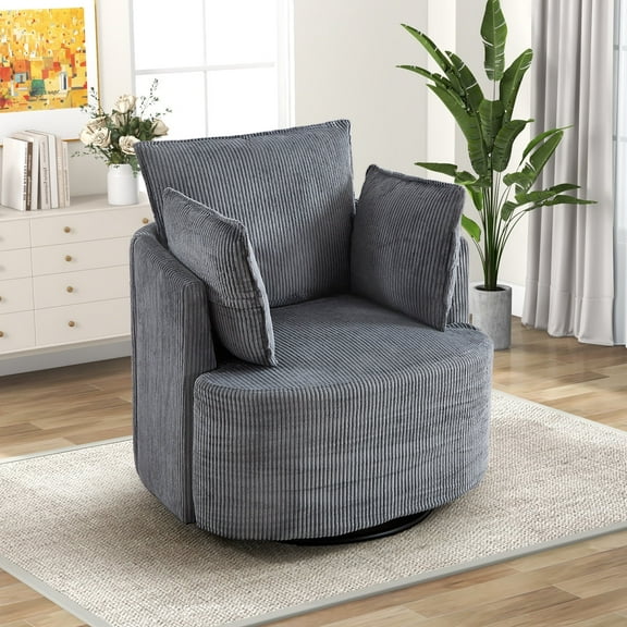 Bonzy Home 360° Swivel Accent Chair — Corduroy Barrel Chair with 3 Pillows, Round Armchair for Living Room & Bedroom, Dark Gray