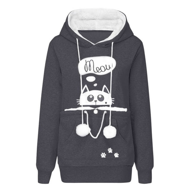Pompotops Automne et Hiver Femmes Visage de Chat Imprimé Chandail à Capuche Manches Longues avec Poche Hauts à Cordon Chandails en Molleton