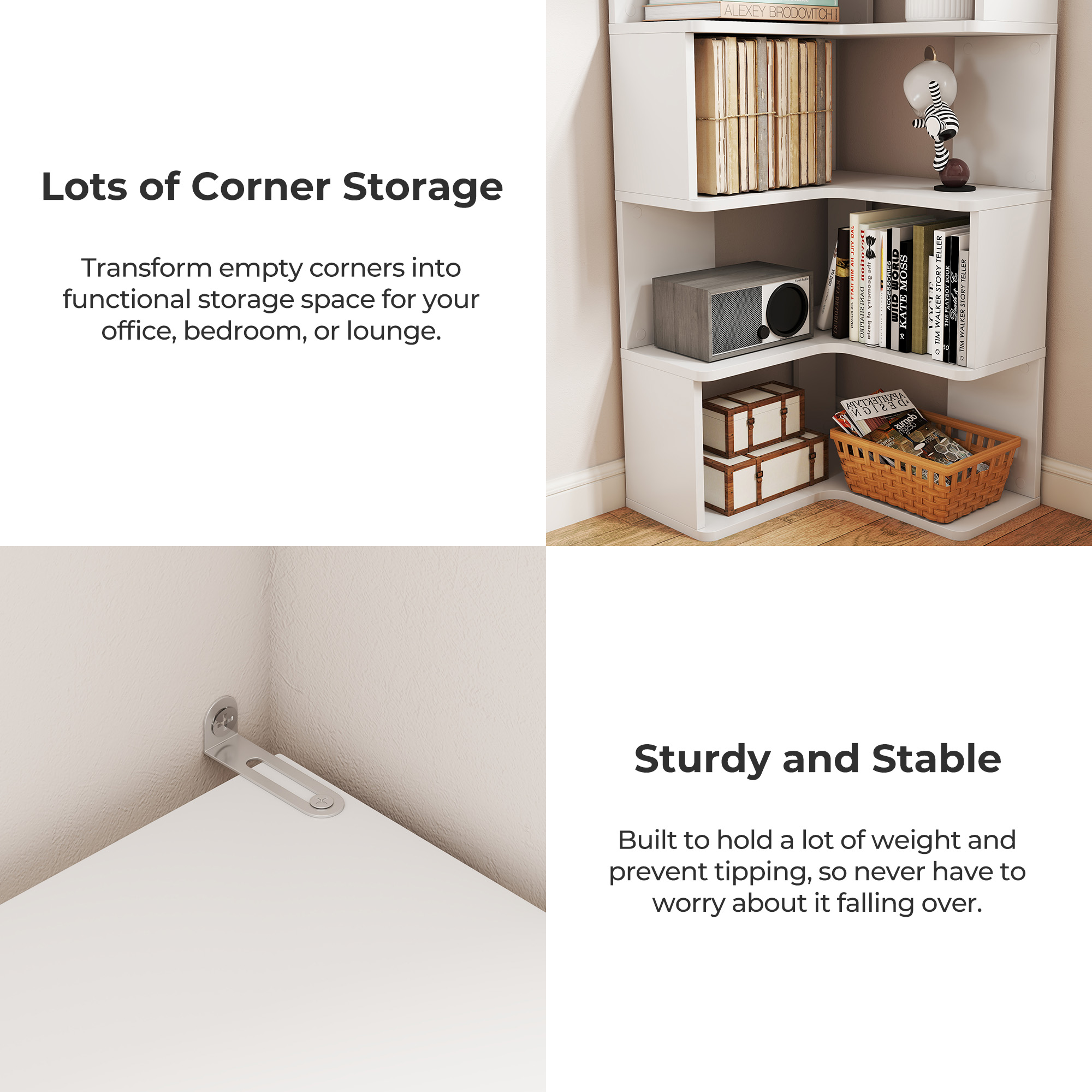 6-Tier Corner Bookshelf, 62.2" Tall Bookcase with Baffle, Large Modern Display Rack for Living Room, Home Office Storage, White