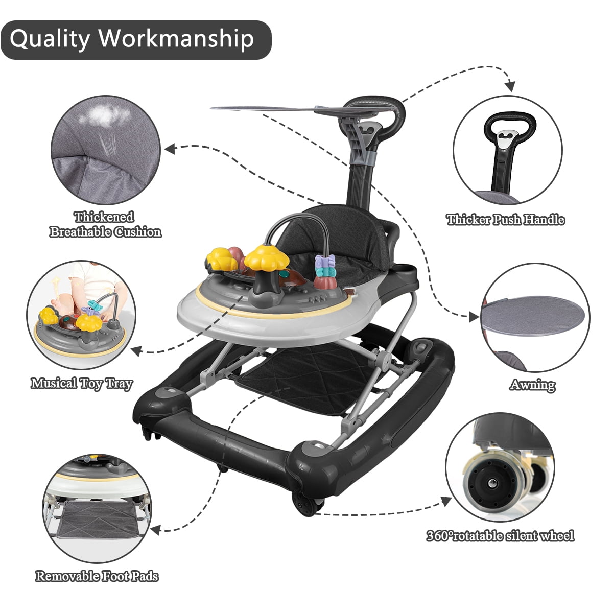 SIMANLI Baby Walker, 4 in 1 Foldable Walkers with Wheels & Removable Feeding & Music Tray, Activity Center for Baby Boys / Girls, Black