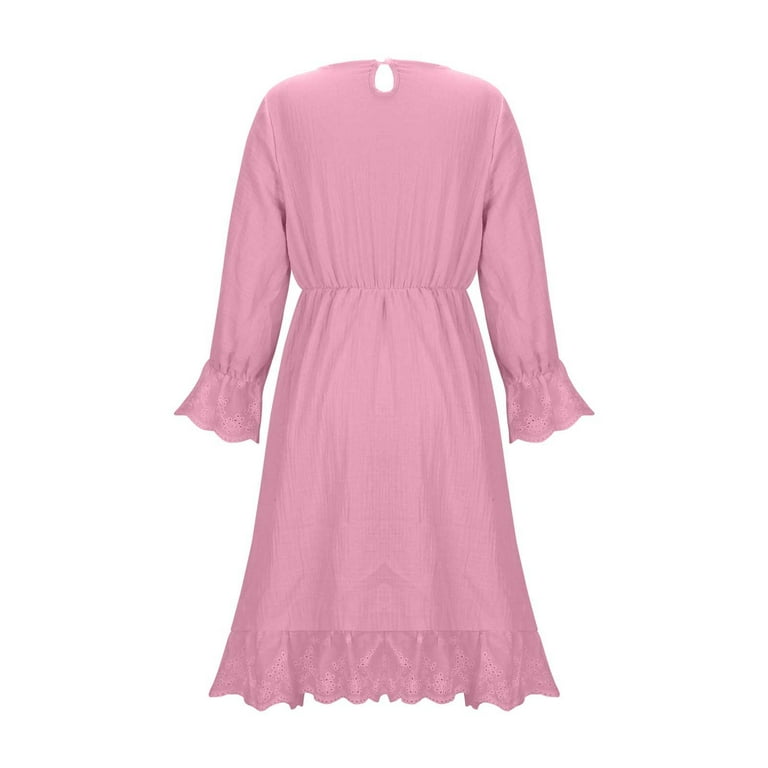 Cethrio Cotton Linen Dresses for Girl, Mid-length Long Sleeve Casual Summer Birthday Dresses Pink Size 10-12, Girl's, Size: 10-11T