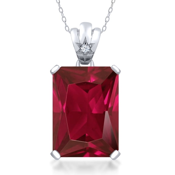 Gem Stone King 20.03 Cttw Red Created Ruby and White Topaz Pendant Necklace for Women | 925 Sterling Silver | Emerald Cut 18X13MM | With 18 inch Silver Chain