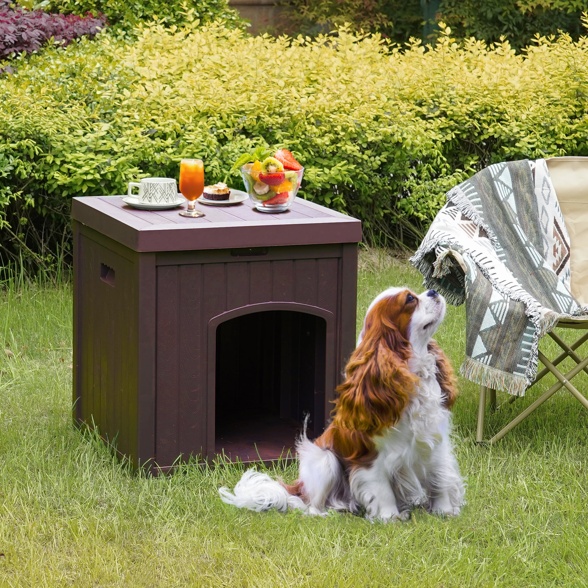 ZYJOYY Outdoor Cat House Weatherproof for Cats, Resin Plastic Kitty Shelter with Openable Flip Lid & Elevated Floor, Indoor Outdoor Cat House for Stray Cats, Easy to Clean, Brown