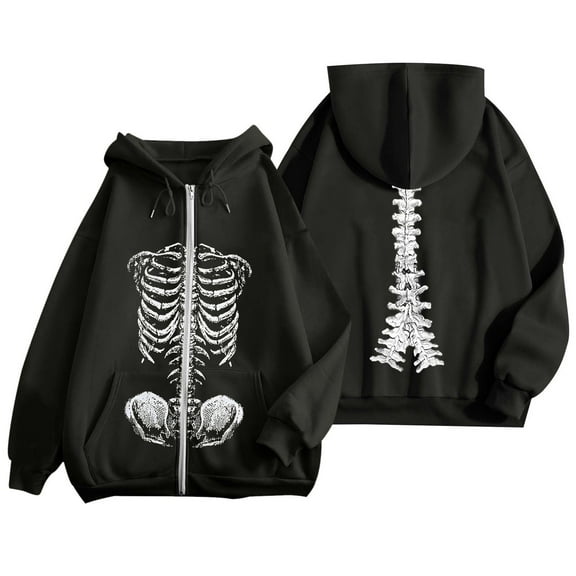 XIAONU Womens Hoodies Skull Print Zippered Fleece Hoodie Jacket Baggy Long Sleeve With Pockets Drawstring Hoodie
