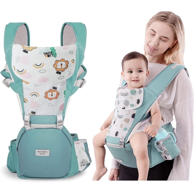 Mochila Porta, Canguro para Bebé Ergonomico para Niños de 0 a 36 Meses, Porta Bebé Portátil Algodón Puro Ligero y Transpirable con Asiento de Cadera, Portabebés con Taburete de Cintura, Verde