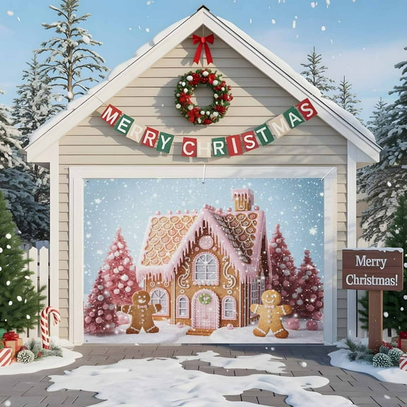 Fsddascl 7 x 8 Ft Christmas Garage Door Cover, Pink Blue Christmas Large Garage Door Banner, Xmas Farmhouse Snowflake Tree Cute Hanging Garage Mural Background for Indoor Outdoor Xmas Party Supplies