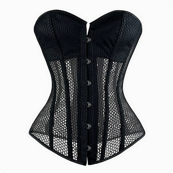 Sheer Corsets for Women Overbust Boned Steampunk Bustier Strapless Summer Hollow Lace Up Corsets Lightweight Black, M