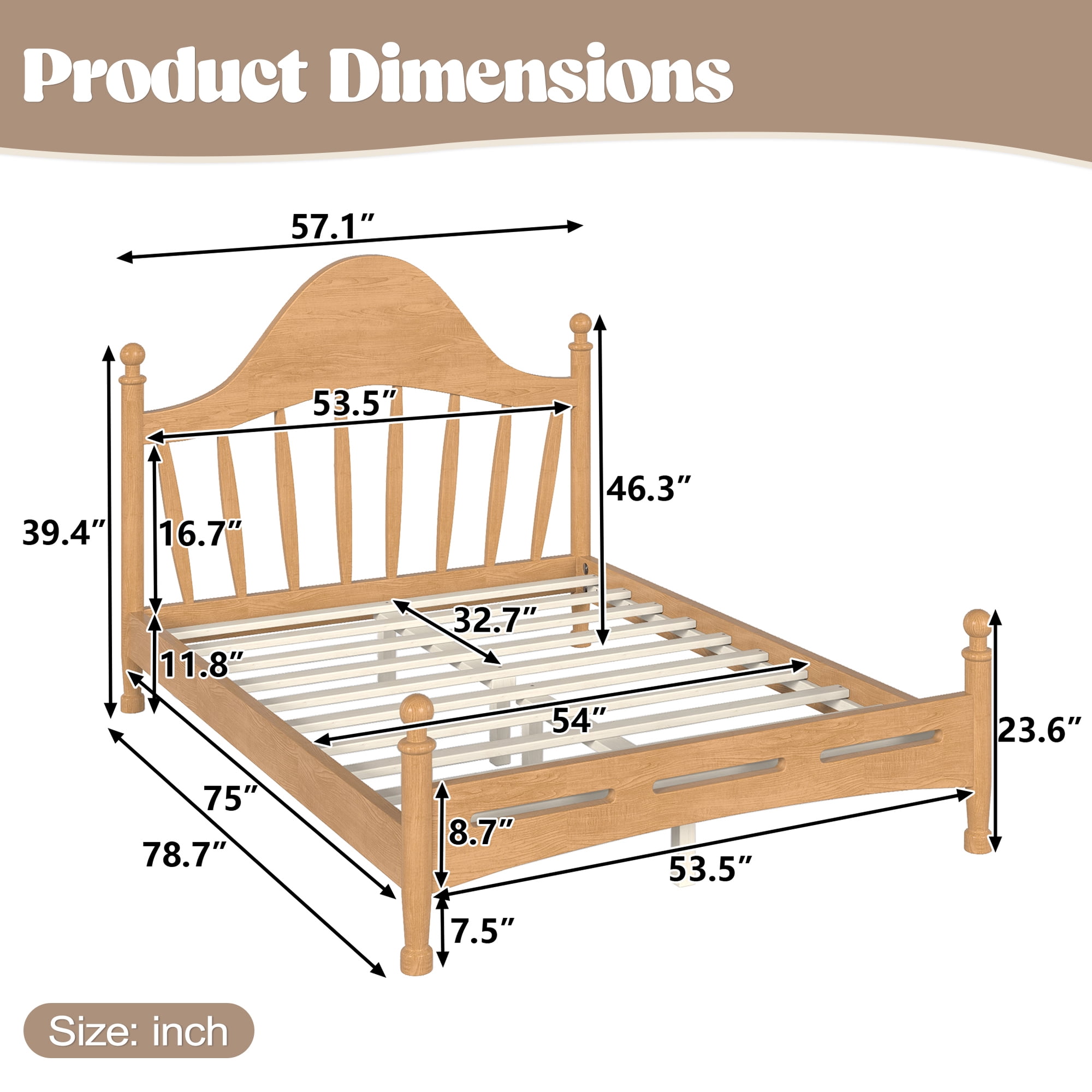 Leumius Full Size Platform Bed with Chic Headboard, Solid Wood Bed Frame with Slatted Support, Low to Ground Design for Bedroom Natural