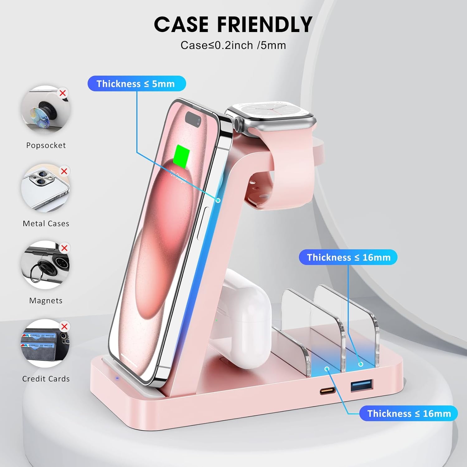 ETEPEHI Charging Station Compatible for iphone: 5 in 1 Wireless Charger Compatible for iPhone iWatch & Airpods (Pink)