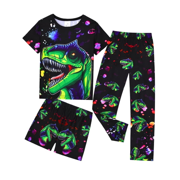 QEFJNO Boys 3-Piece Summer Pajama Sets Kids Dinosaur Pjs Short Sleeve Sleepwear Shirt Shorts Pants 3-12Y
