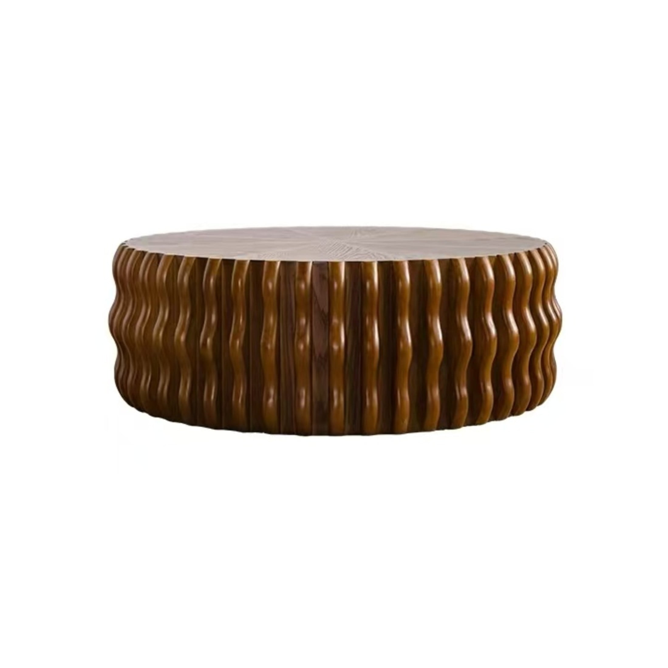 Noble House Cole 38.58" Ribbed Wave Round Coffee Table, Wooden Fluted Drum Center Table, Sturdy Pedestal, Walnut