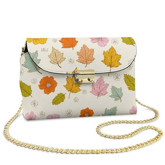 SCRAWLGOD Floral Leaf Print Light Beige PU Leather Small Crossbody Bags for Women, Cell Phone Cross body Purse Bag Crossbody Wallet Purses with Detachable Chain