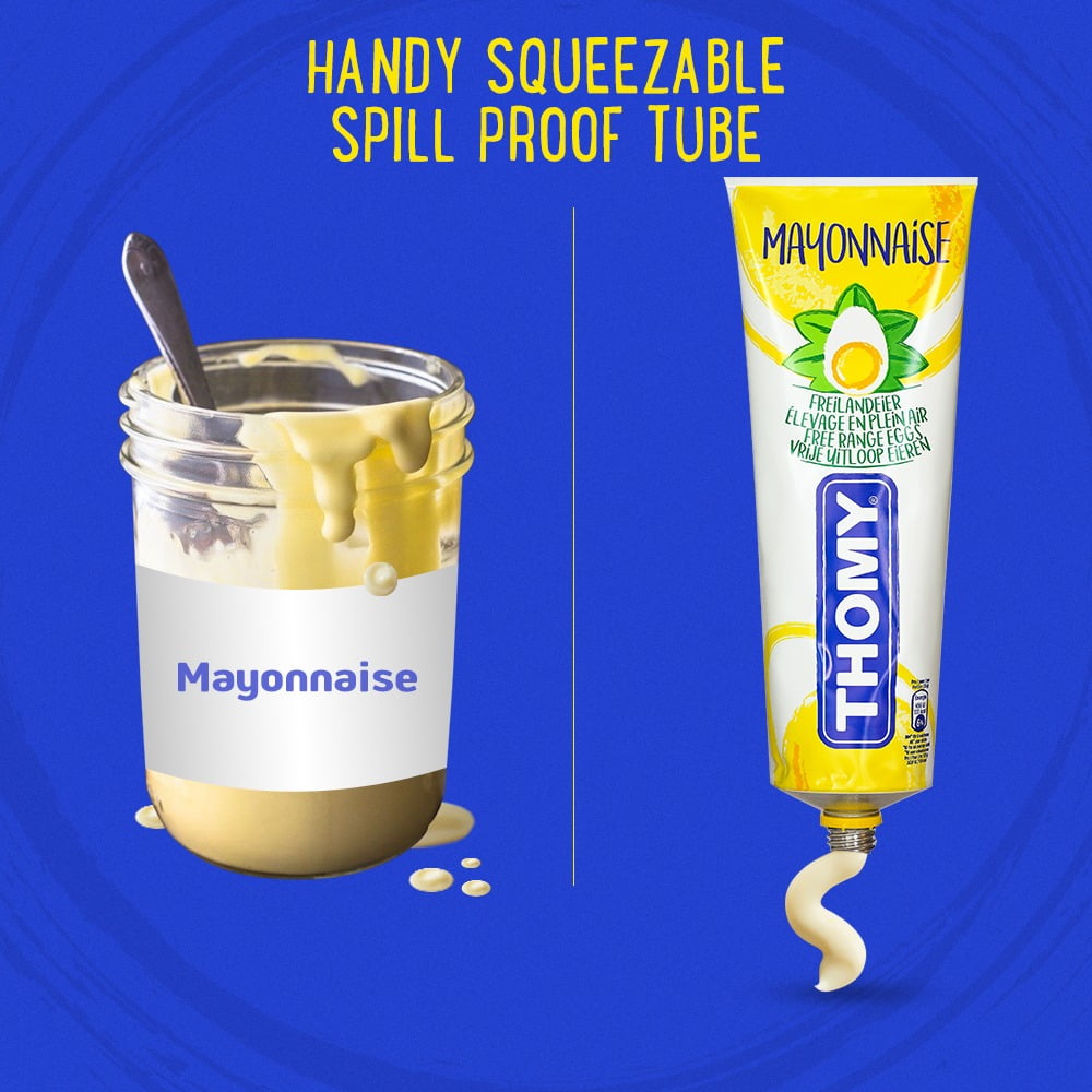 Thomy Mayonnaise Made From Free Range Eggs | Smooth, Creamy Light Mayo Made in Switzerland | Must Have Condiment for Dips and Spreads, Egg Salad, Sandwiches | 9 Ounce Squeezable Tube